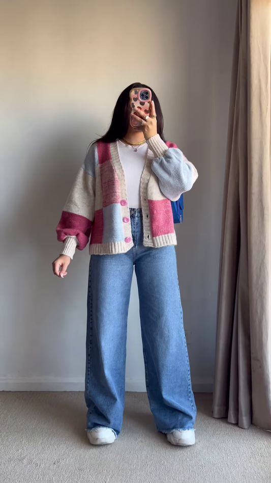 Color-Block Pastel Cardigans ๐งฅ๐จ โ Soft Knit Layers in Pink-Blue, Purple-Beige & Orange-Mustard Variants