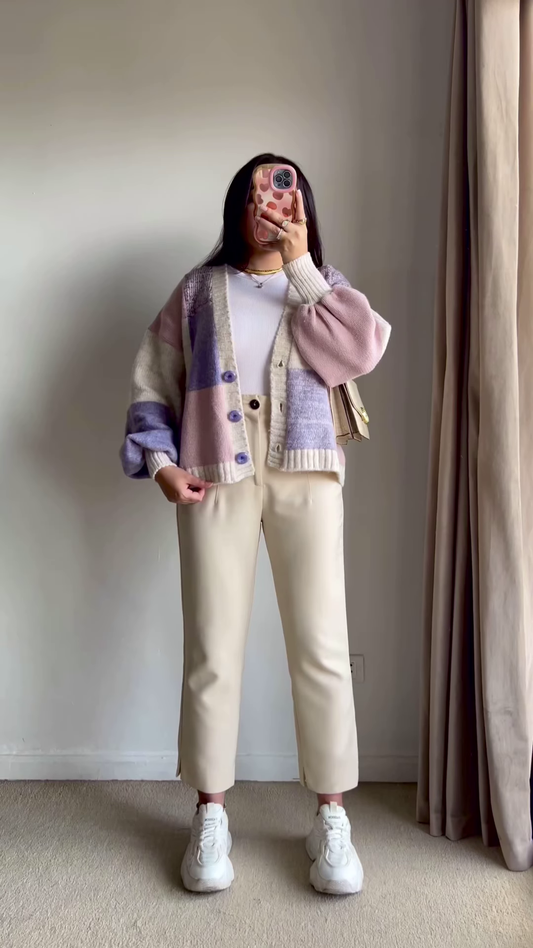 Color-Block Pastel Cardigans ๐งฅ๐จ โ Soft Knit Layers in Pink-Blue, Purple-Beige & Orange-Mustard Variants