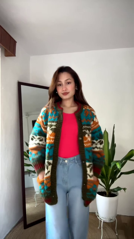 Multicolor Patterned Knit Cardigan π§₯π β Styled Over Red Top & Light Blue Jeans