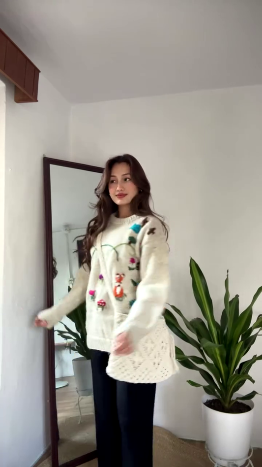 Whimsical Nature-Embroidered Knit Sweater 🌞🦊🌼 – Beige Base with Colorful Storybook Detailing