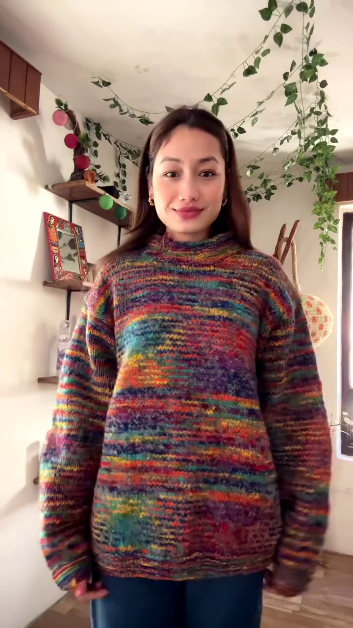 Handmade Multicolor Textured Knit Sweater 🌈🧶 – Cozy Rainbow Layer Styled in Decor-Rich Setting