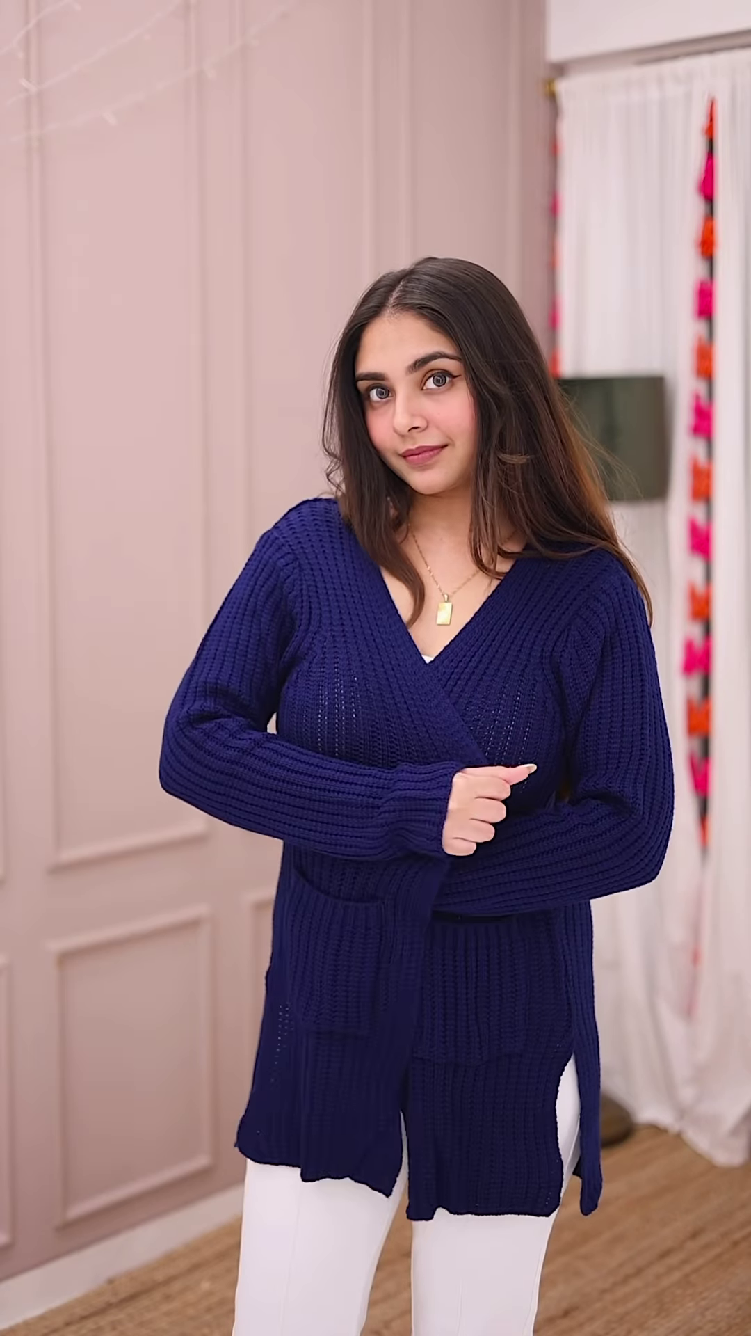 Blue-Toned Knitwear Trio 🧥💙 – Striped Sweater, Navy Cardigan & Cable-Knit Co-Ord Set