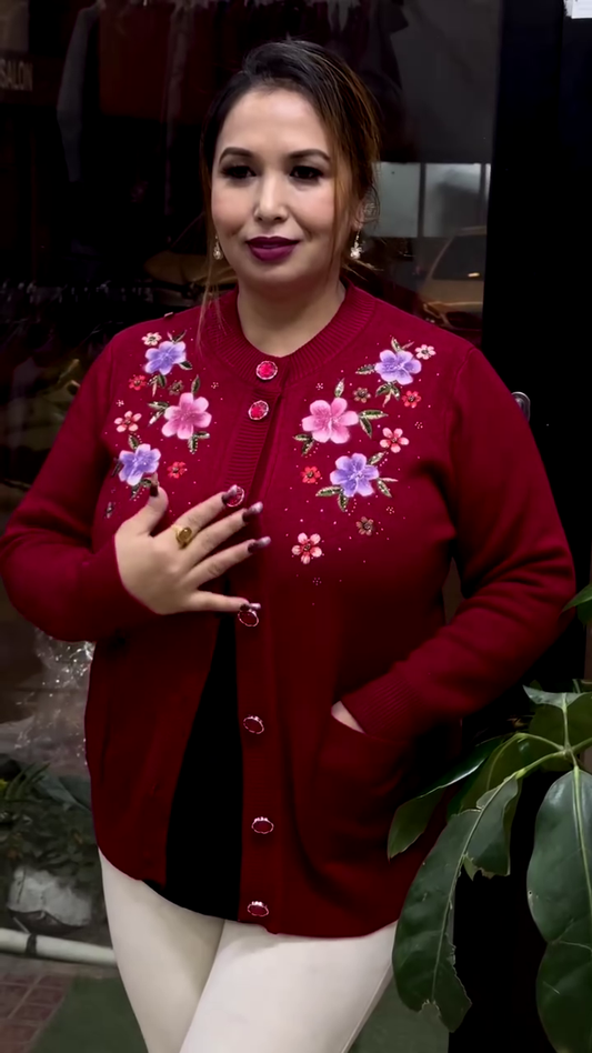 Floral Embroidered Button-Up Cardigans 🌸🧥 – Available in 10 Vibrant Colors with Pocket & Textured Detailing