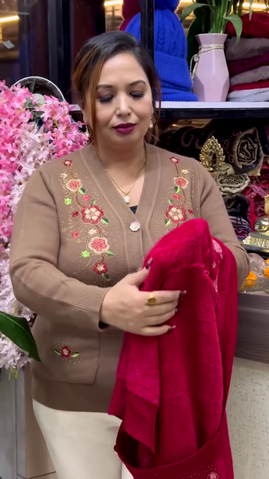 Floral Embroidered Knit Cardigans πΈπ§₯ β Beige, Maroon & Purple Variants with Button-Up Front & Pocket Detailing