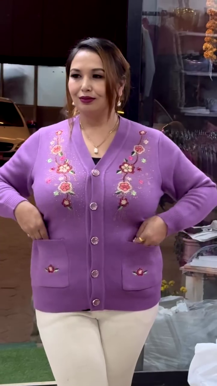 Floral Embroidered Knit Cardigans 🌸🧥 – Beige, Maroon & Purple Variants with Button-Up Front & Pocket Detailing