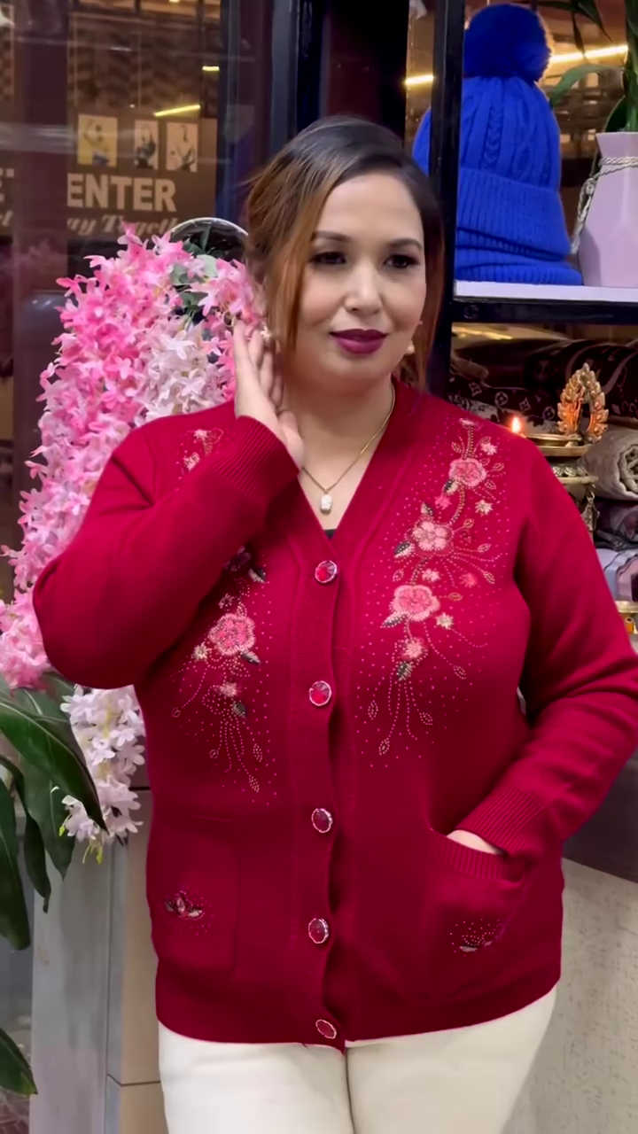 Floral Embroidered Knit Cardigans 🌸🧥 – Beige, Maroon & Purple Variants with Button-Up Front & Pocket Detailing