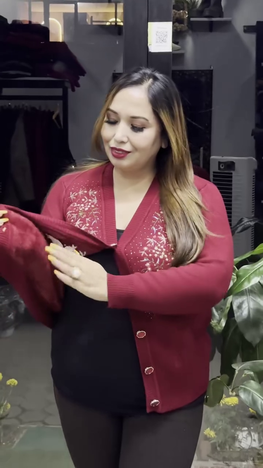 Floral V-Neck Knit Cardigans πΈπ§₯ β Purple, Black & Beige Variants with Button Closure & Boutique Styling