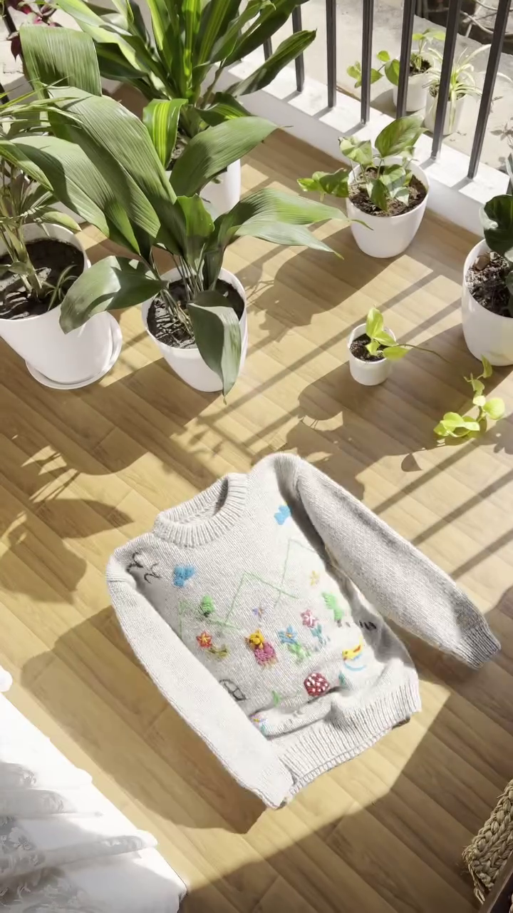 Whimsical Nature-Embroidered Knit Sweaters 🐥🍄🌼 – Light Gray Base with Playful Storybook Detailing