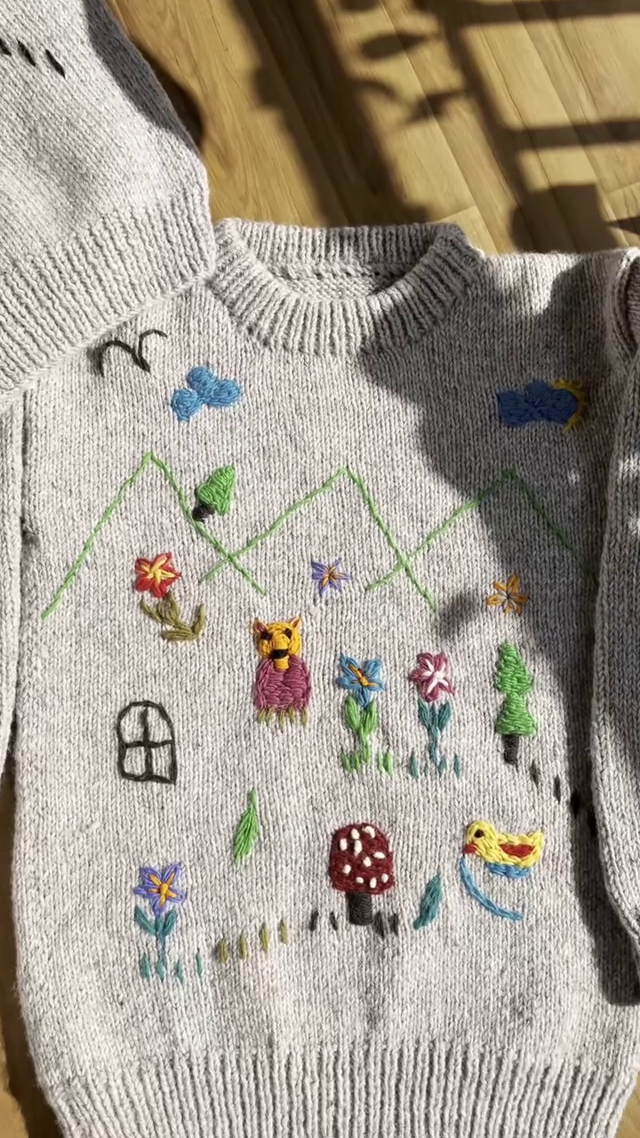 Whimsical Nature-Embroidered Knit Sweaters 🐥🍄🌼 – Light Gray Base with Playful Storybook Detailing