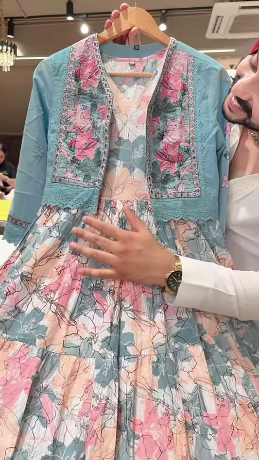 Floral Printed Dress with Embroidered Blue Jacket β Elegant Indo-Western Set for Women