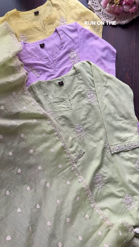 Pastel Embroidered Mulcotton Kurtas – Floral Ethnicwear in Yellow, Lavender & Light Green