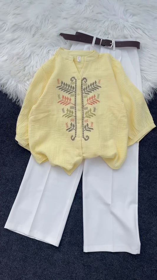 Multicolor Embroidered Shirt Set with Leaf & Geometric Motifs β Casual Ethnic Tops for Women