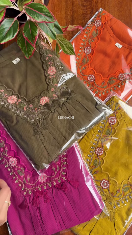 Green Pleated Kurta with Pink Floral Embroidery β Festive Ethnicwear for Women