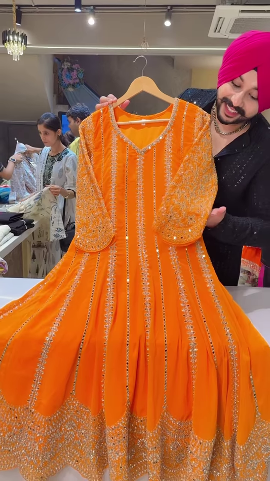 Orange Embroidered Anarkali with Silver Detailing – Festive Ethnicwear for Women