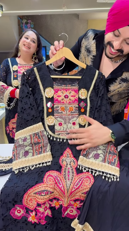 Black Embroidered Ethnic Dress with Multicolor Floral and Geometric Patterns, Tassel Accents