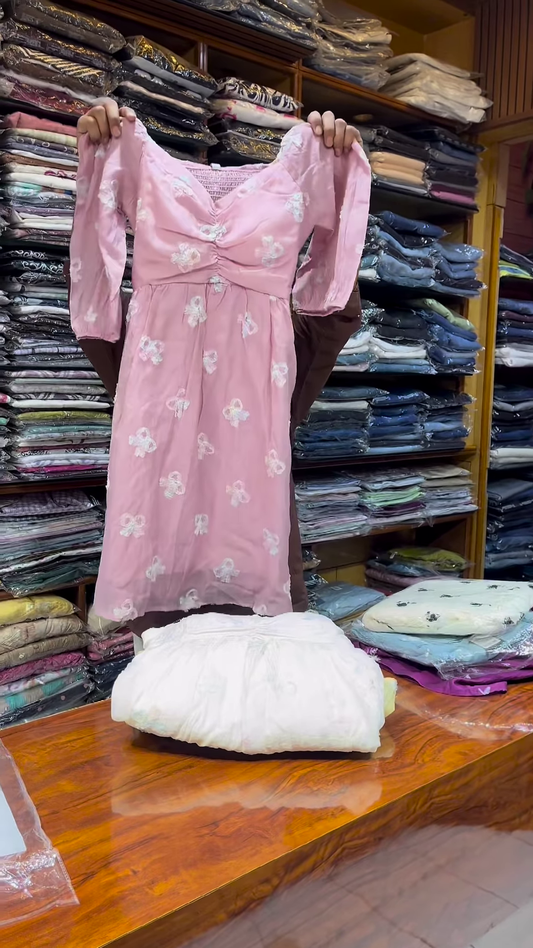 Light Blue Floral Printed Long-Sleeve Dress with Gathered Bodice for Women