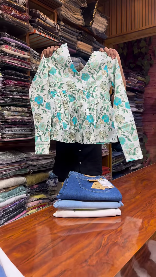 White Long-Sleeve Floral Printed Shirt with Green and Blue Motifs for Women