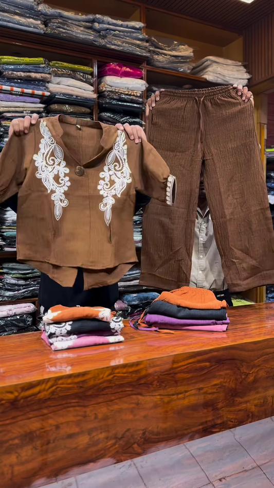 Pink Embroidered Two-Piece Set with Front Button Top and Elastic Waist Pants