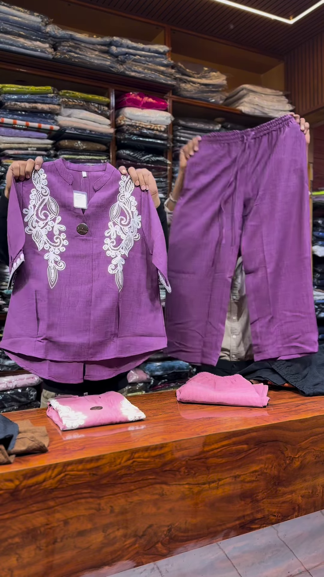 Pink Embroidered Two-Piece Set with Front Button Top and Elastic Waist Pants