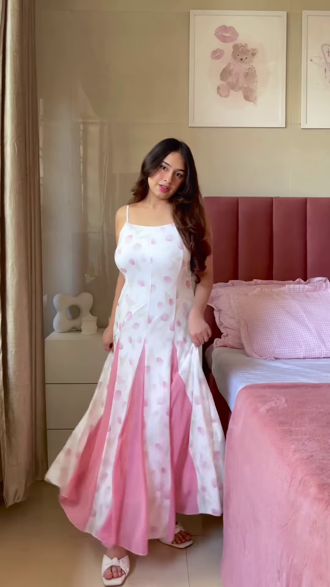 Sleeveless Pink A-Line Dress with White Floral Print and Thin Straps