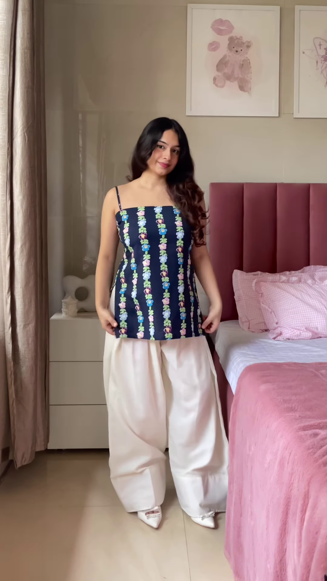 Pink Floral Printed Top with Light Blue Jeans – Casual Ethnic Fusion Wear for Women