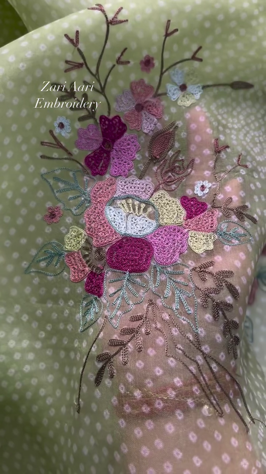 Vibrant Zari Aari Embroidered Floral Fabric