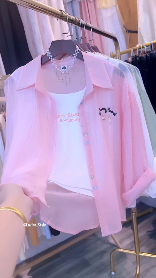 Effortless Pink Sheer Button-Down Shirt Set