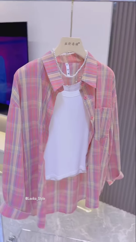 Casual Plaid Oversized Shirt and Top Set