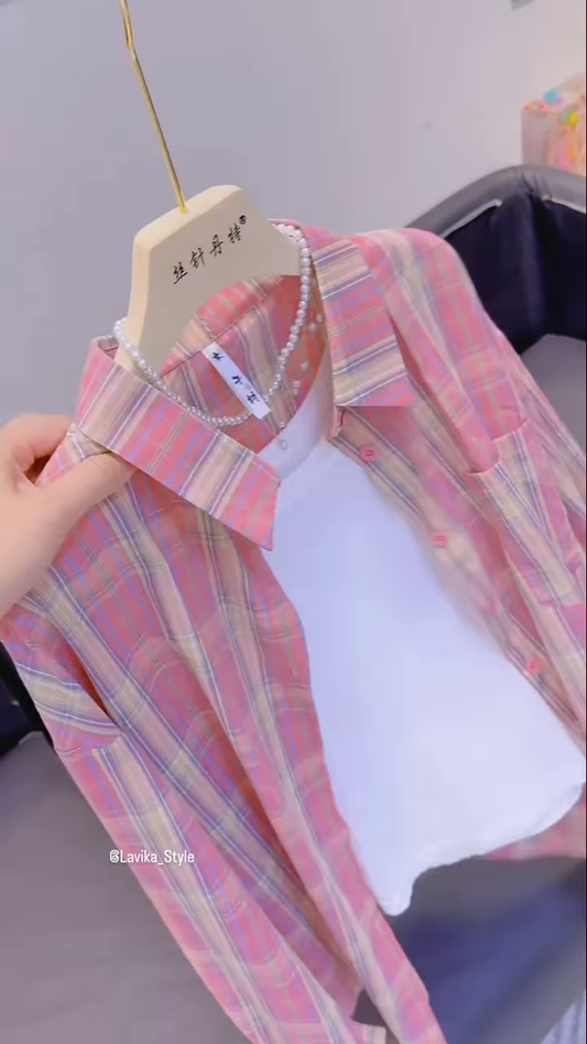 Casual Plaid Oversized Shirt and Top Set