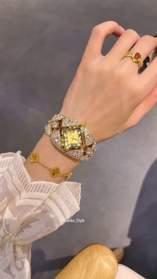 Opulent Gold-Toned Statement Watch and Bracelet Set