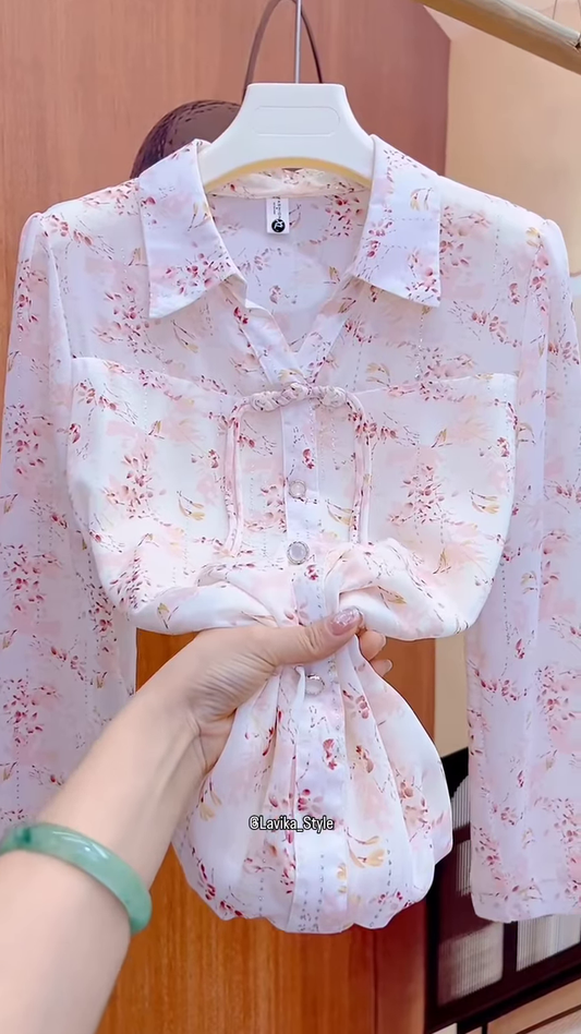 Delicate Floral Sheer Blouse with Front Tie Detail