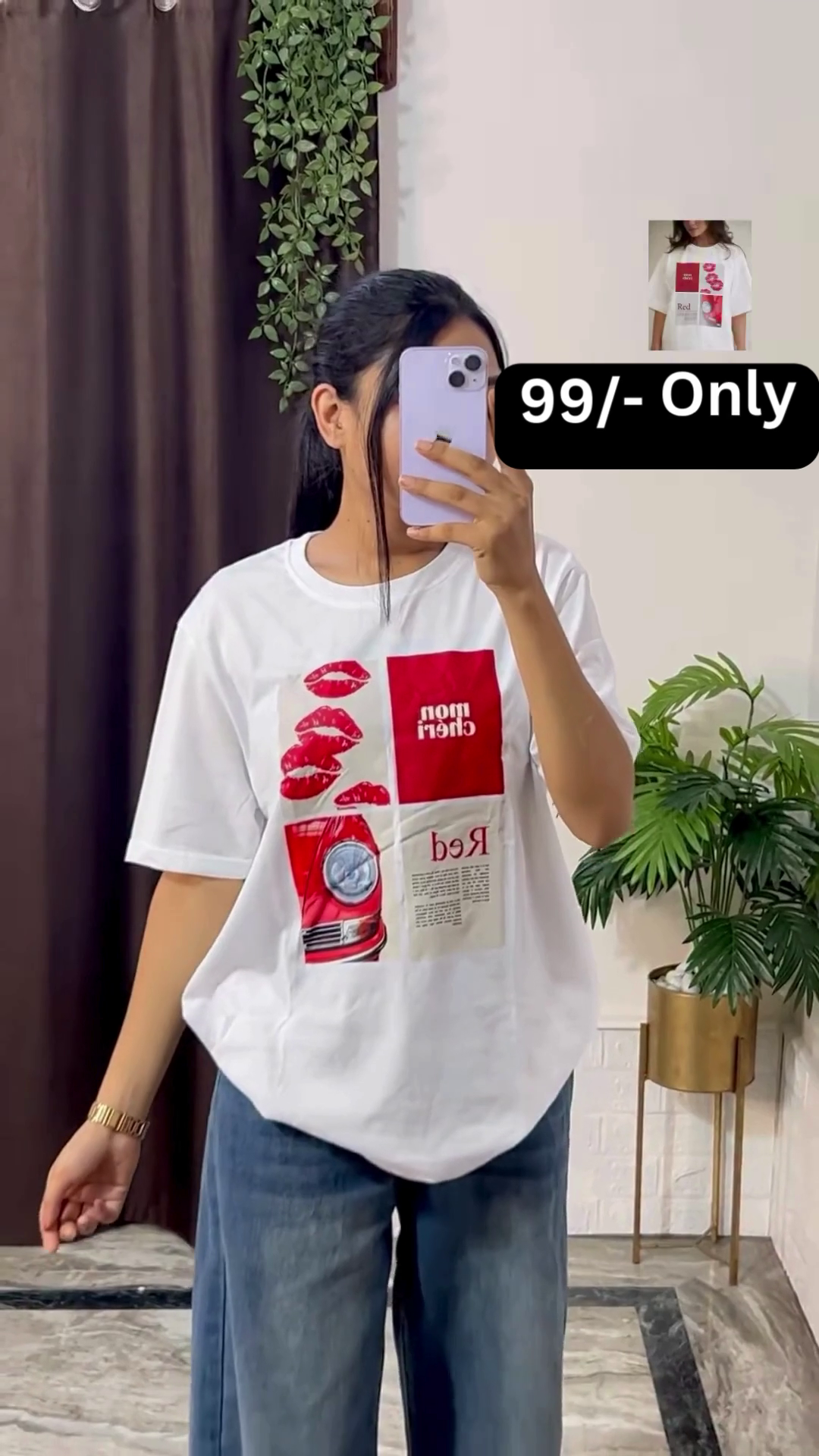 White Graphic T-Shirt with Bold Red and Car Print