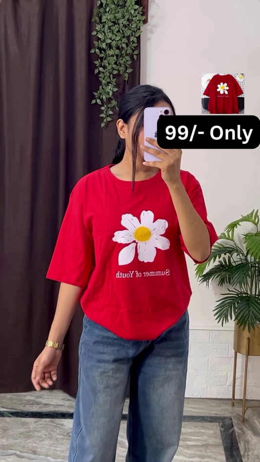 White Graphic T-Shirt with Bold Red and Car Print