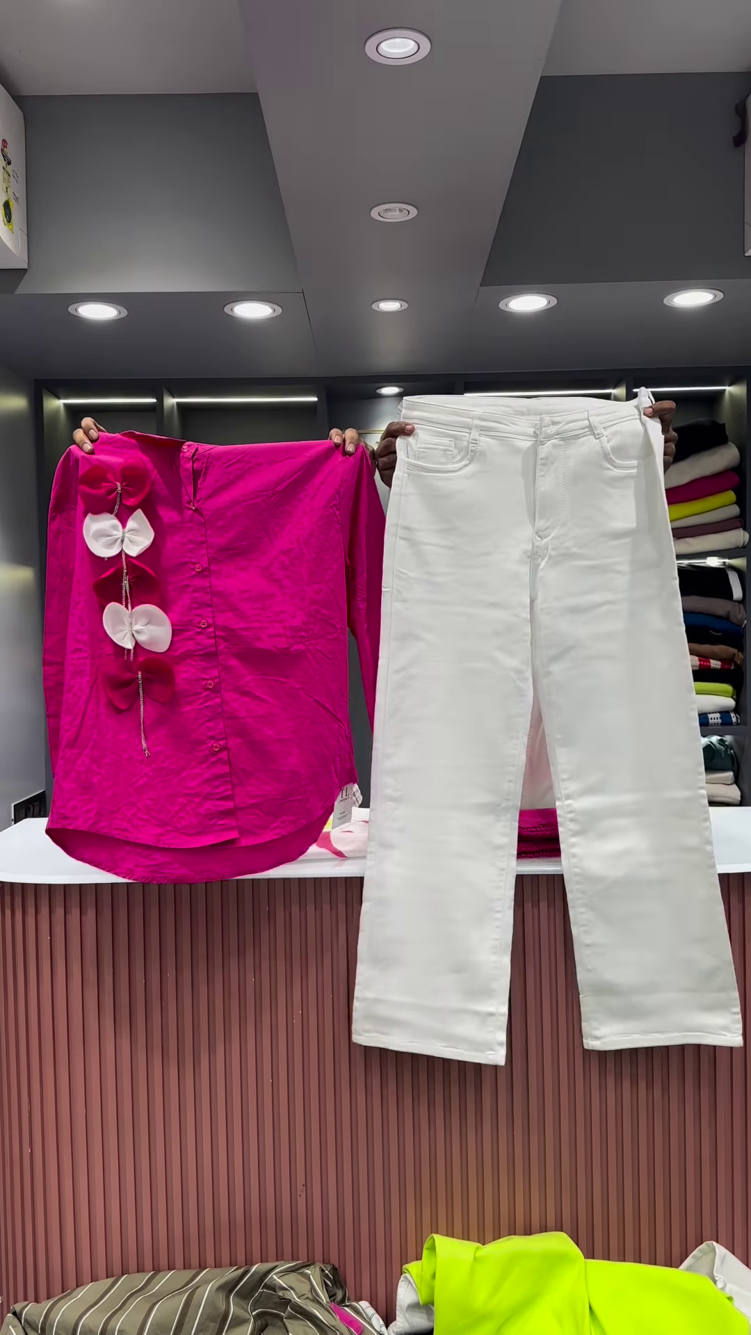 Quirky Striped Shirt with Patches and Neon Pants