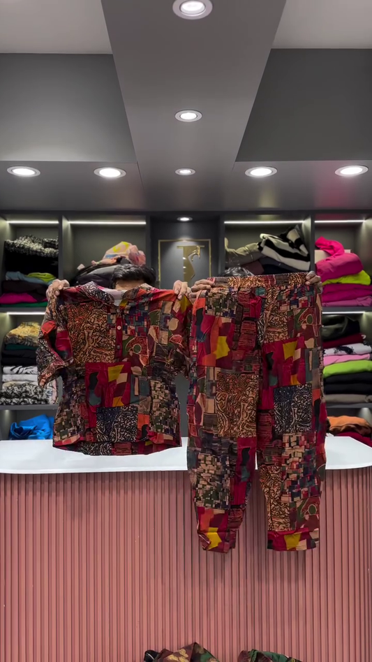 Artistic Abstract Patchwork Print Shirt and Pants Set