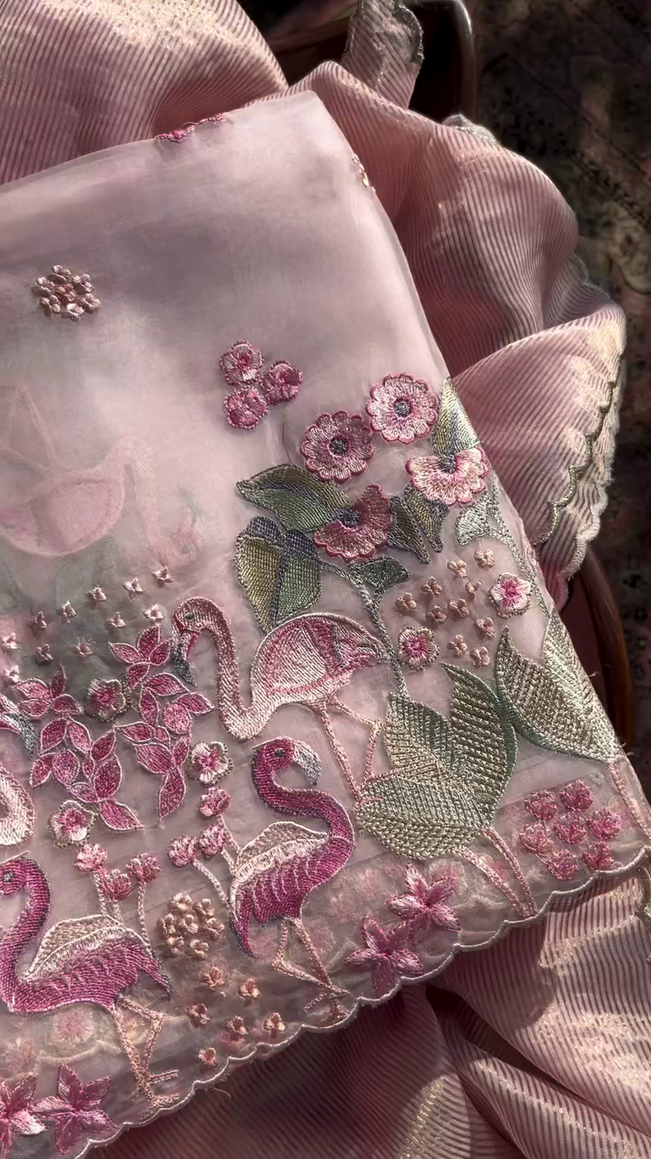 Exquisite Dusty Rose Sheer Fabric with Flamingo Embroidery