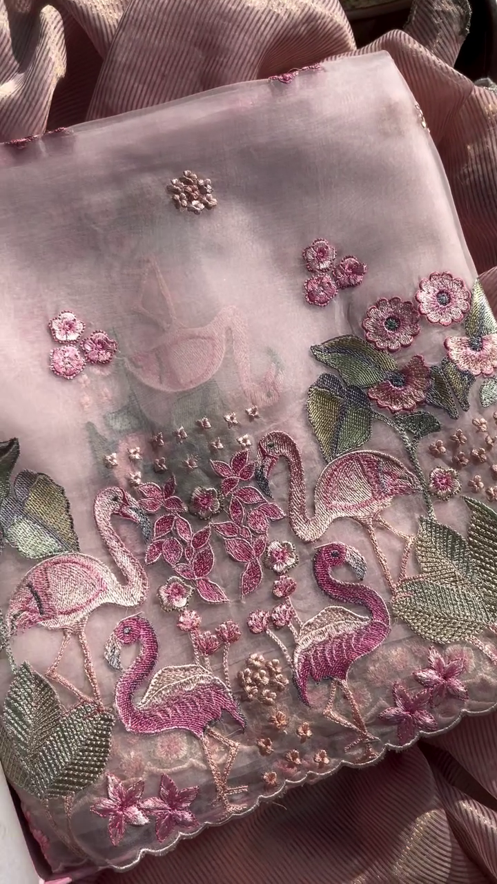 Exquisite Dusty Rose Sheer Fabric with Flamingo Embroidery