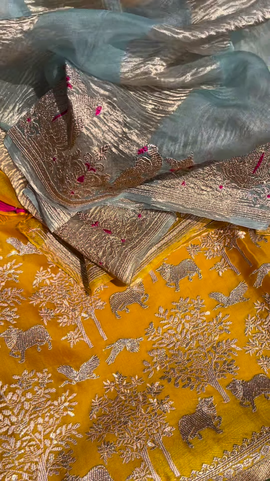 Golden Yellow Fabric with Woven Forest and Animal Motifs