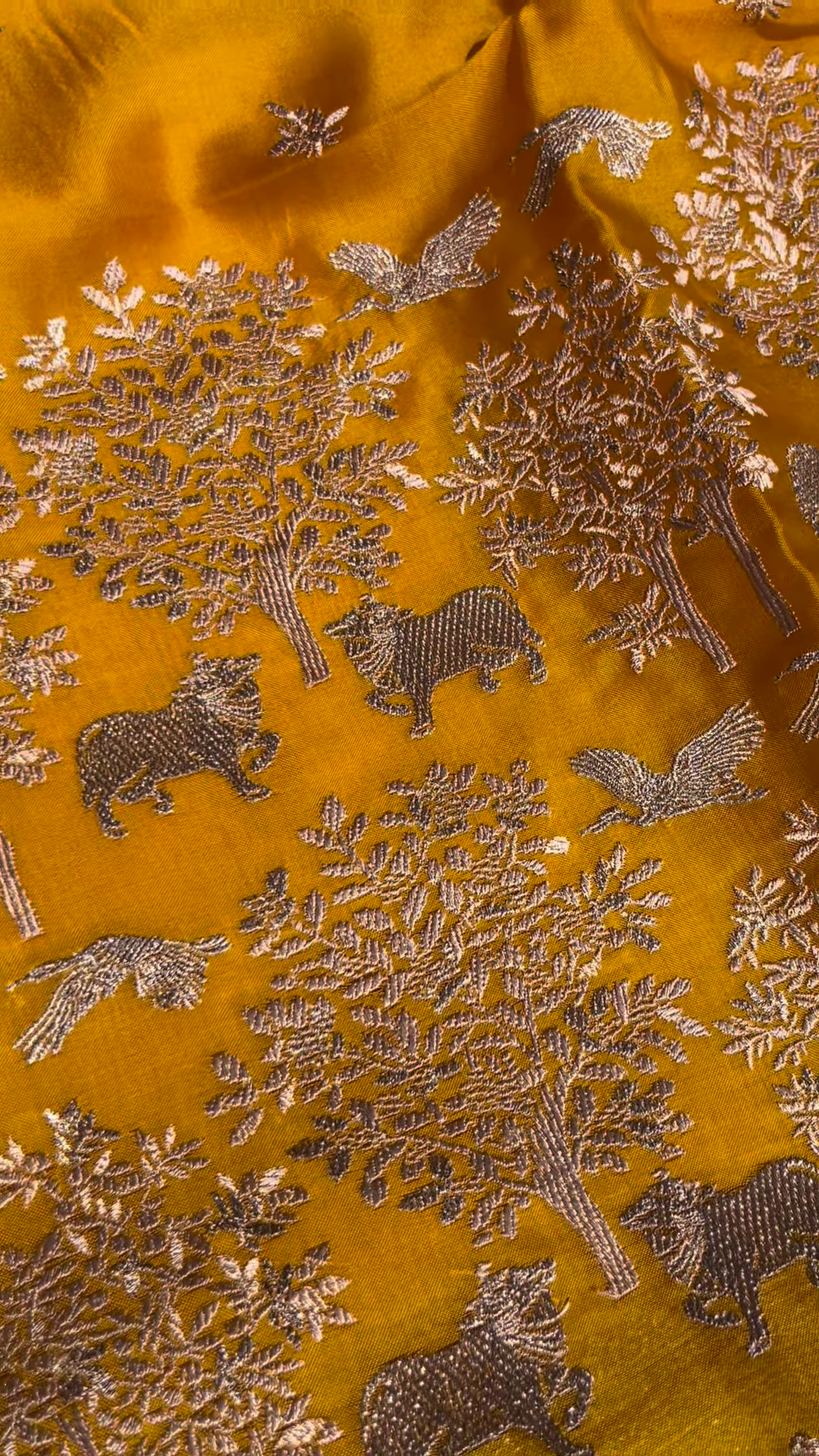 Golden Yellow Fabric with Woven Forest and Animal Motifs