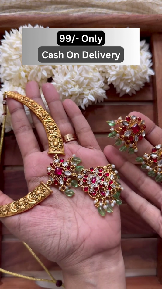 Floral Kundan Necklace Set with Red-Green Beads β Ethnic Imitation Jewelry for Festivals & Weddings