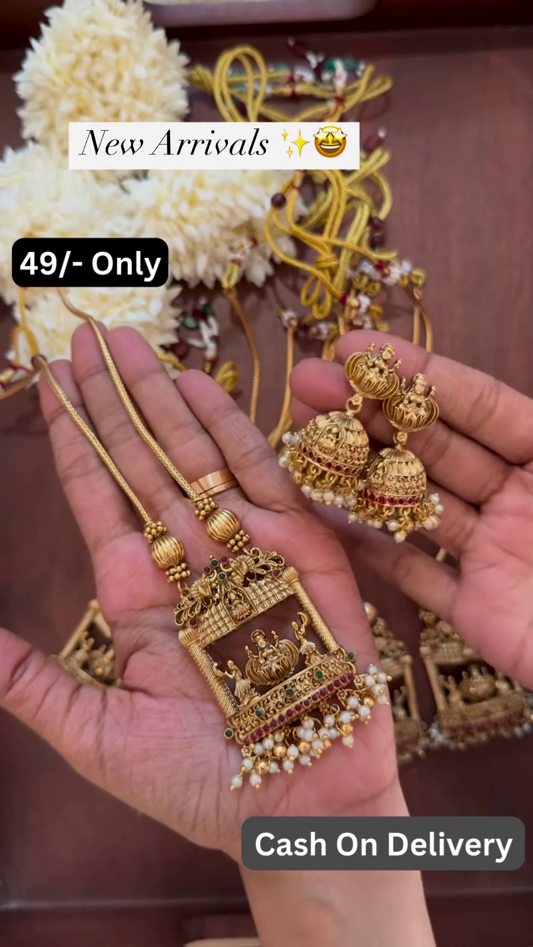 Temple Design Haram Set with Lakshmi Pendant & Jhumkas – Antique Gold Finish | Traditional Indian Jewelry