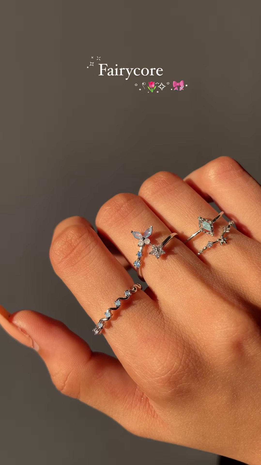 Whimsical Silver-Toned Fairycore Ring Set with Butterfly, Opal, and Star Accents