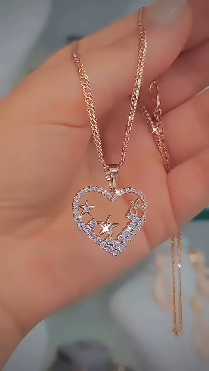 Elegant Rose Gold-Toned Double Heart Necklace with Sparkling Accents