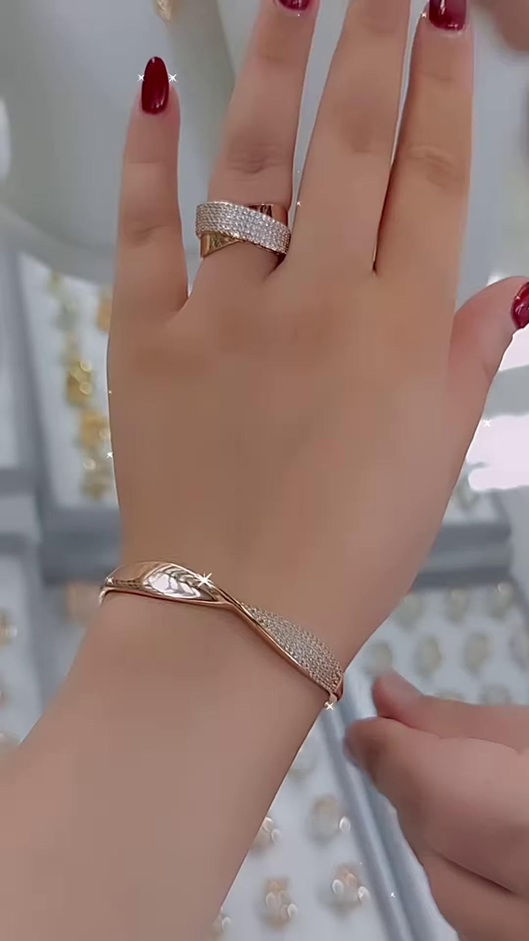 Elegant Rose Gold-Toned Ring and Bangle Set with Pave Crystal Accents