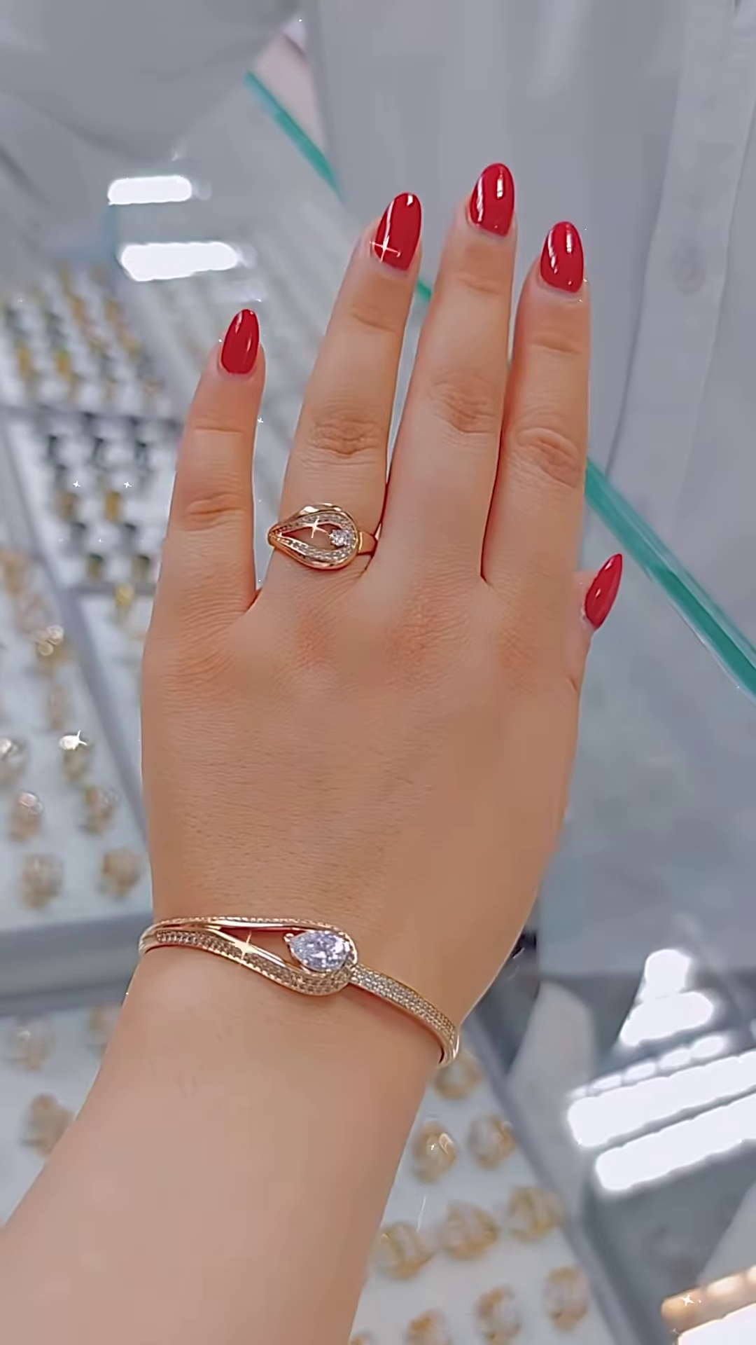 Elegant Rose Gold-Toned Ring and Bangle Set with Pave Crystal Accents