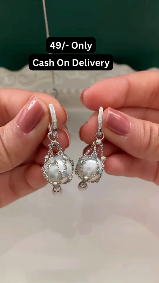 Elegant Silver-Toned Drop Earrings with Simulated Pearls and Crystal Accents