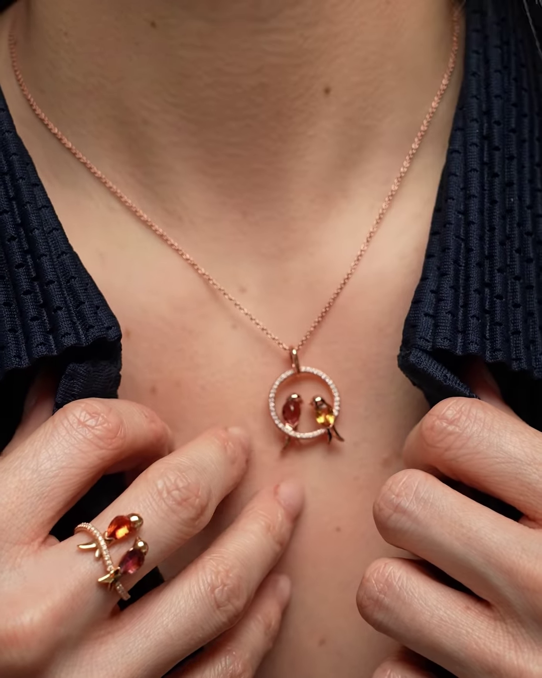 Whimsical Rose Gold-Toned Necklace and Ring Set with Bird Charms and Gemstone Accents
