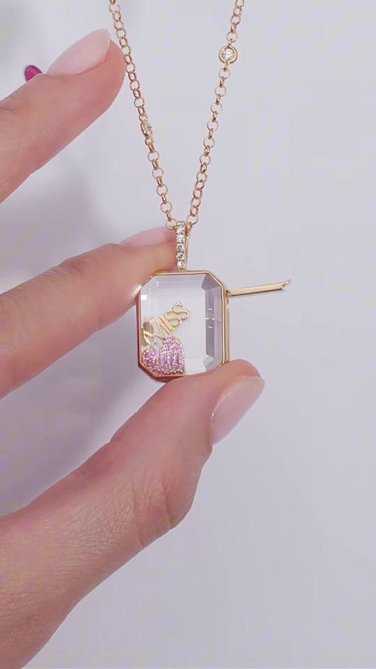 Whimsical Gold-Toned Shaker Necklace with Floating Pink Bag and Gold “BOSS” Charm