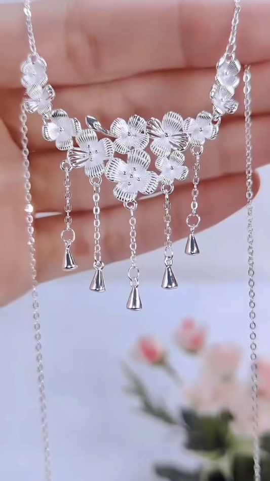Exquisite Sterling Silver Floral Choker Necklace with Dangling Bell Charms