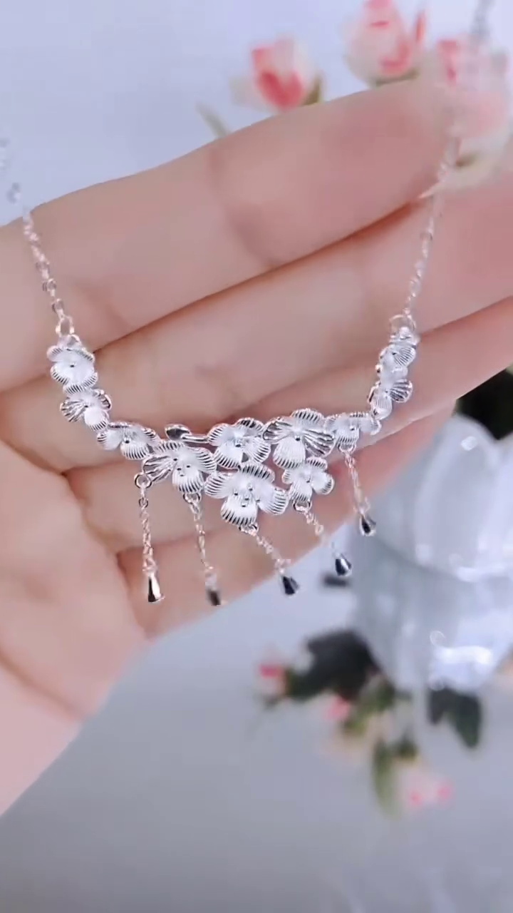 Exquisite Sterling Silver Floral Choker Necklace with Dangling Bell Charms